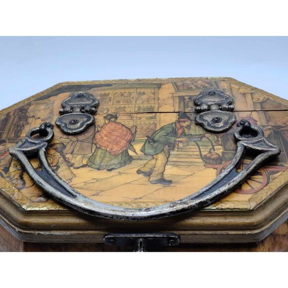 Vtg 1970s Artist Anton Pieck European Decoupage Wooden Box Red Velvet Lining - Picture 14 of 16